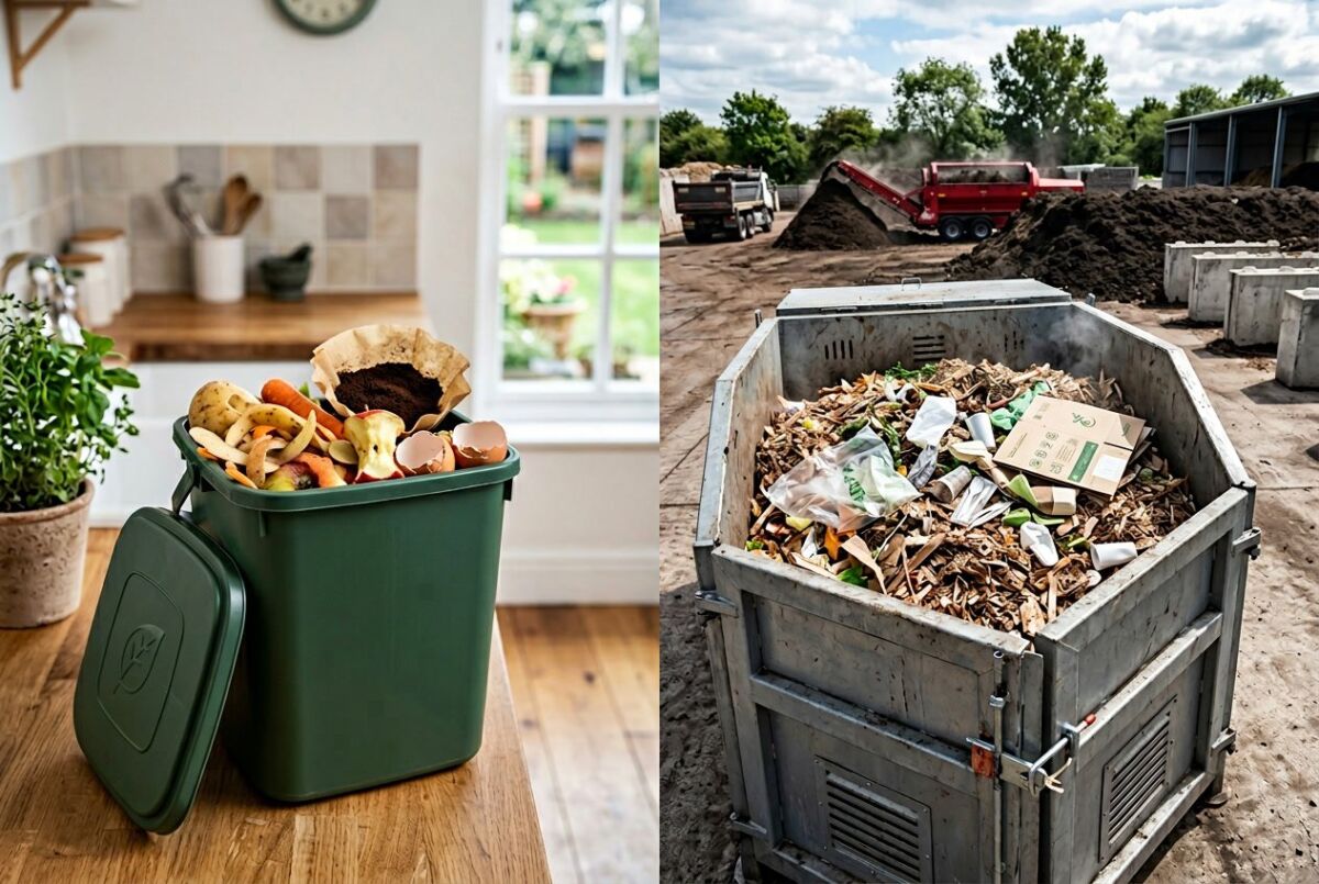 Home Compostable vs Industrial Compostable: Key Differences, Standards, and Sustainable Choices 8 Two compost bins side by side, one small home compost bin with kitchen scraps and one large industrial compost bin with compostable packaging, set between a kitchen and an outdoor composting facility.