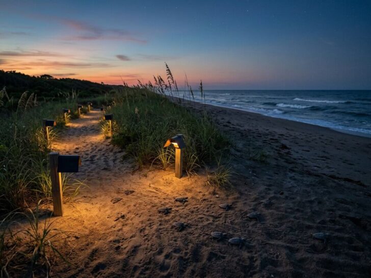 How to Make Beachfront Lights Turtle Safe: Practical, Compliant Strategies 2 A beachfront at dusk with low warm lights along a sandy path and small sea turtle hatchlings moving toward the ocean.