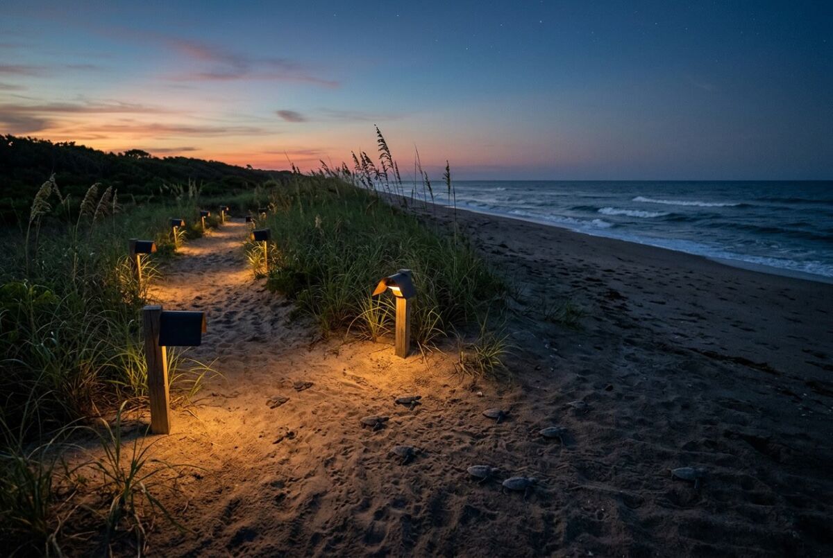 How to Make Beachfront Lights Turtle Safe: Practical, Compliant Strategies 1 A beachfront at dusk with low warm lights along a sandy path and small sea turtle hatchlings moving toward the ocean.