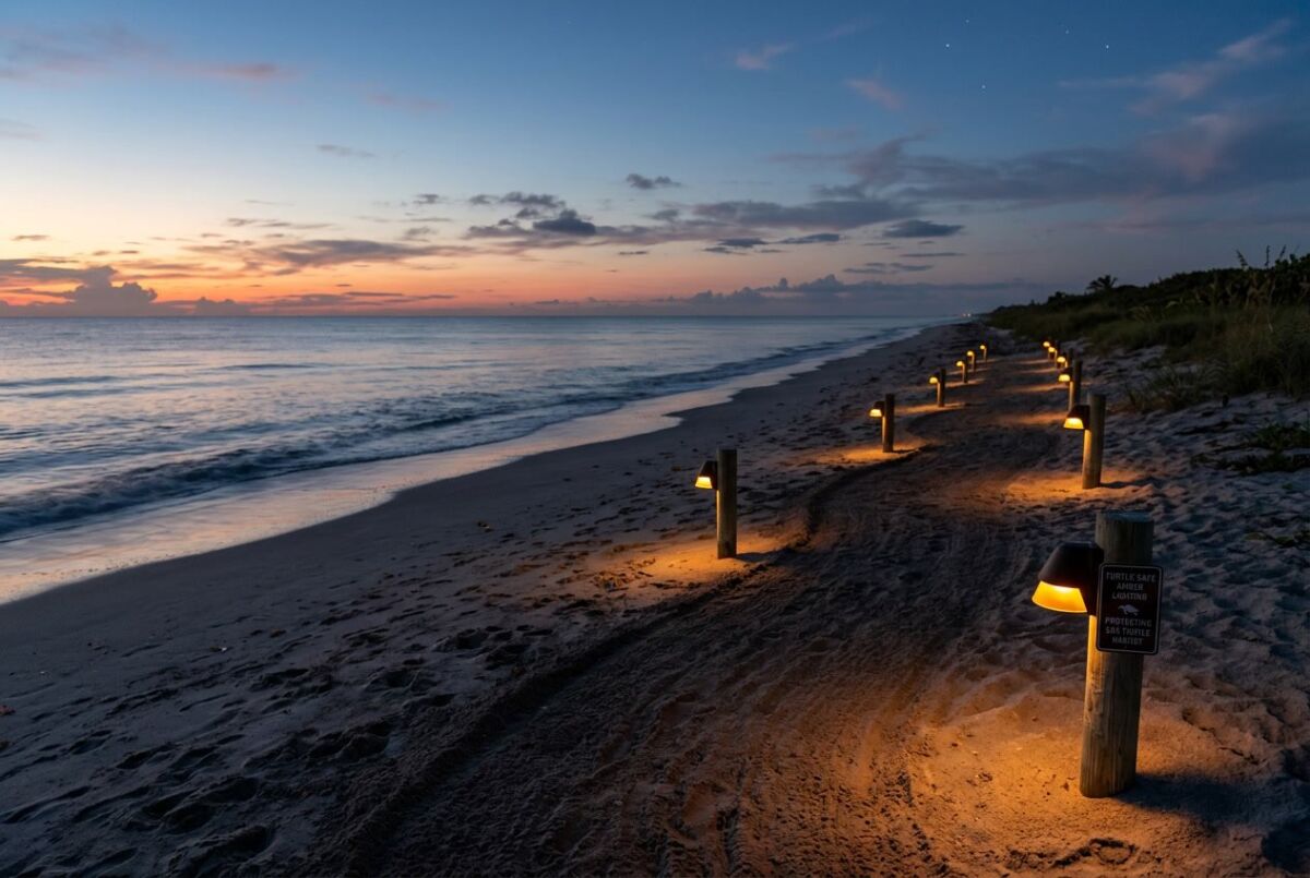 How to Make Beachfront Lights Turtle Safe: Practical, Compliant Strategies 3 A calm beachfront at dusk with soft amber lights along the shore, showing safe lighting for sea turtles.