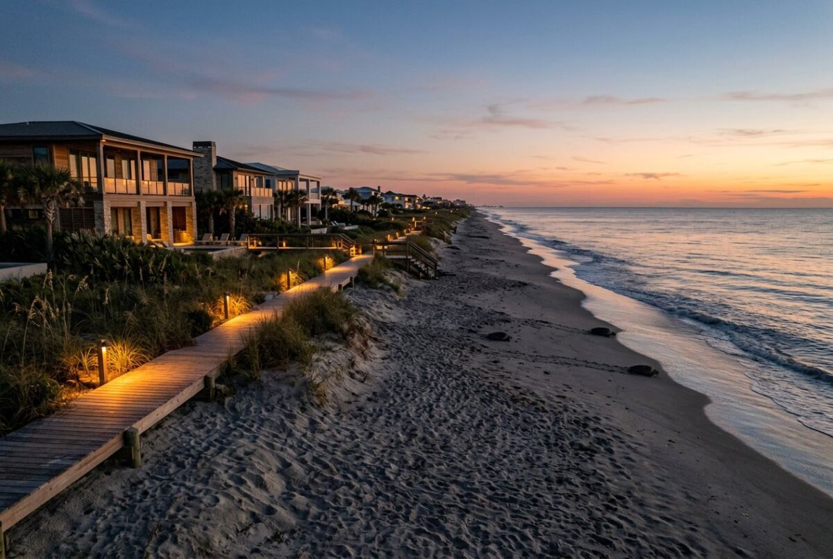 How to Make Beachfront Lights Turtle Safe: Practical, Compliant Strategies 4 A beachfront at dusk with low-intensity amber lights along pathways near the sand and sea turtles near the shoreline.