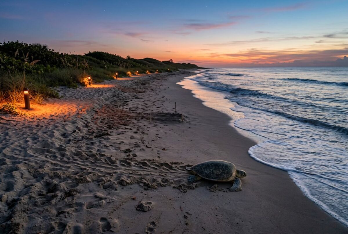 How to Make Beachfront Lights Turtle Safe: Practical, Compliant Strategies 7 A peaceful beachfront at dusk with eco-friendly lights and sea turtles near the shore.