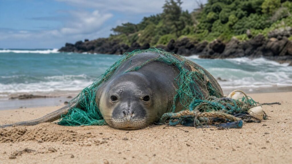 A Hawaiian monk seal on a sandy beach tangled in fishing nets and plastic ropes near the ocean shore.