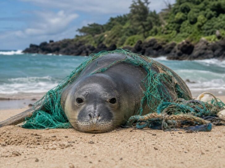 Hawaiian Monk Seal Entanglements: Causes, Data, And Recovery 1 A Hawaiian monk seal on a sandy beach tangled in fishing nets and plastic ropes near the ocean shore.