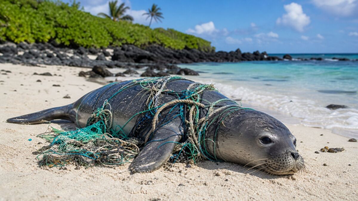 Hawaiian Monk Seal Entanglements: Causes, Data, And Recovery 6 A Hawaiian monk seal lying on a sandy beach near clear water, partially entangled in fishing nets and ropes.