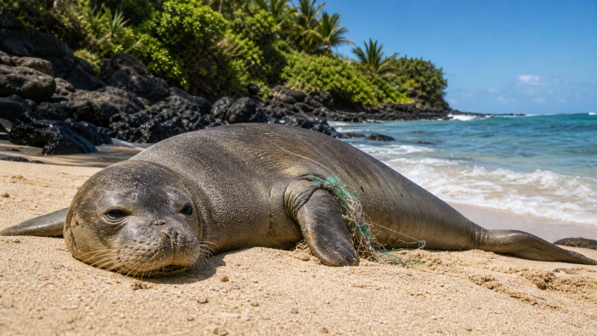 Hawaiian Monk Seal Entanglements: Causes, Data, And Recovery 7 A Hawaiian monk seal lying on a sandy beach near the ocean with a piece of marine debris around its flipper.