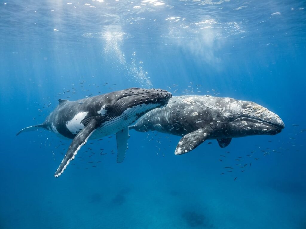 A grey whale and a humpback whale swimming side by side underwater in clear blue ocean water.