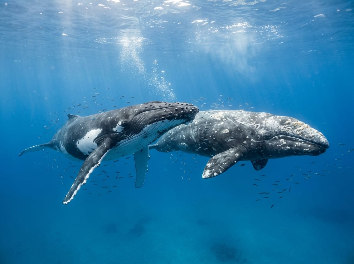 A grey whale and a humpback whale swimming side by side underwater in clear blue ocean water.