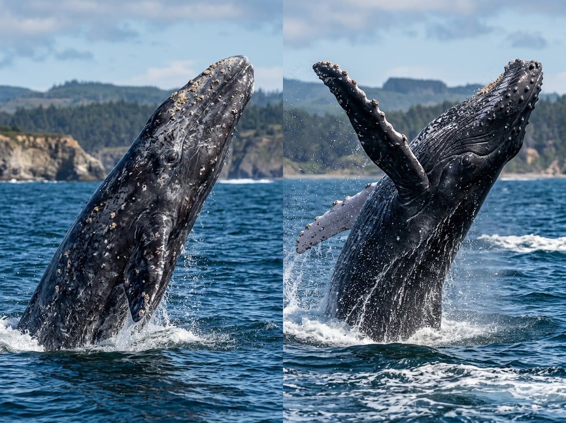 Grey Whale Vs Humpback Whale: Key Differences 1 Side-by-side image of a grey whale and a humpback whale breaching the ocean surface with clear sky in the background.