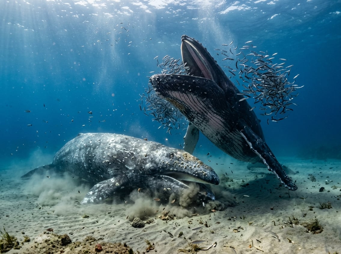 Grey Whale Vs Humpback Whale: Key Differences 2 A grey whale near the ocean floor feeding by scooping sediment and a humpback whale lunging upward with its mouth open, surrounded by small fish underwater.