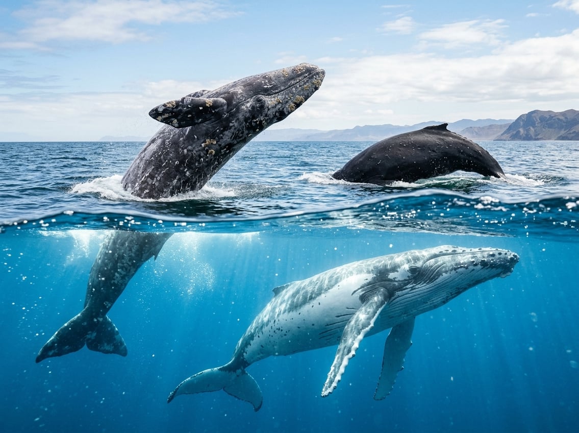 Grey Whale Vs Humpback Whale: Key Differences 3 A grey whale and a humpback whale swimming near the ocean surface and underwater in clear blue water.