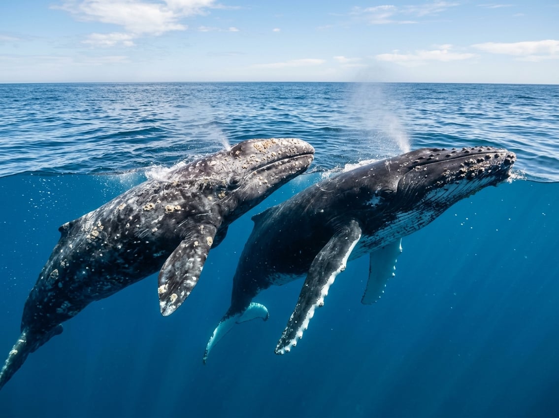 Grey Whale Vs Humpback Whale: Key Differences 5 A grey whale and a humpback whale swimming side by side in clear ocean water near the surface.
