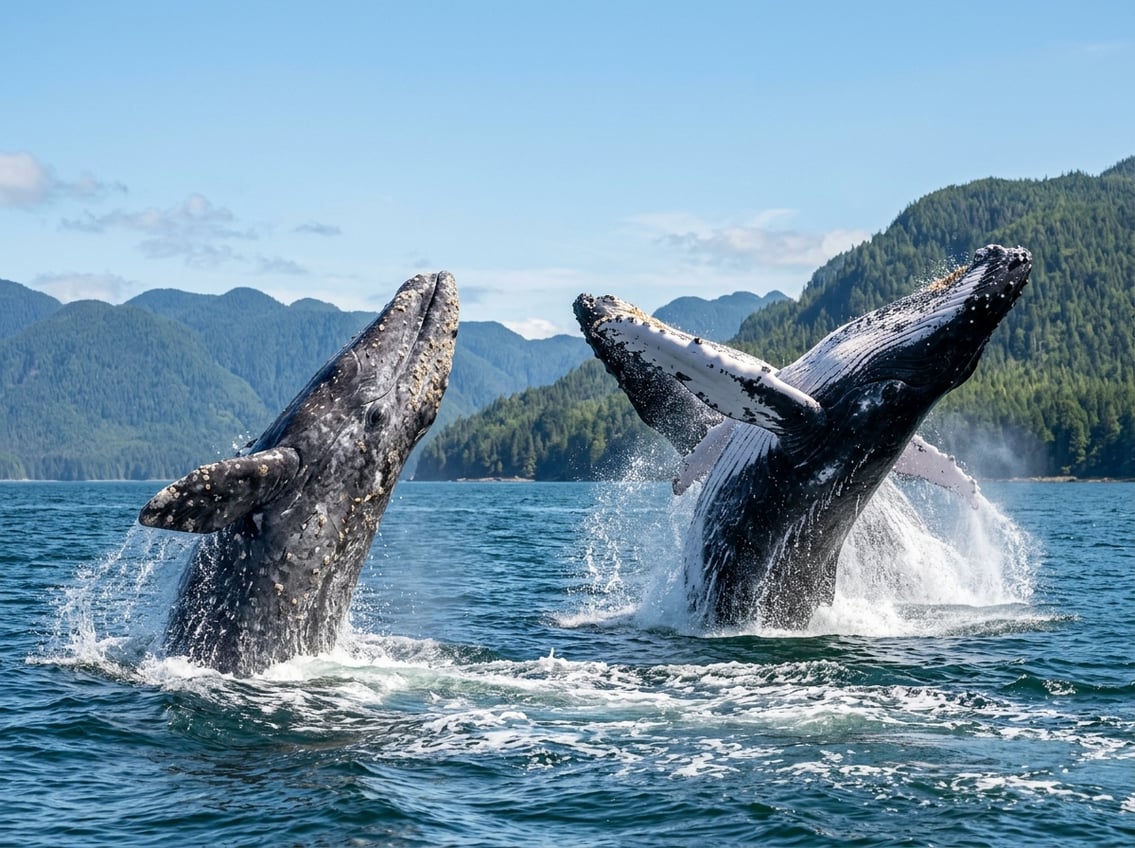 Grey Whale Vs Humpback Whale: Key Differences 6 Two whales breaching near the ocean surface with a distant green coastline under a clear blue sky.