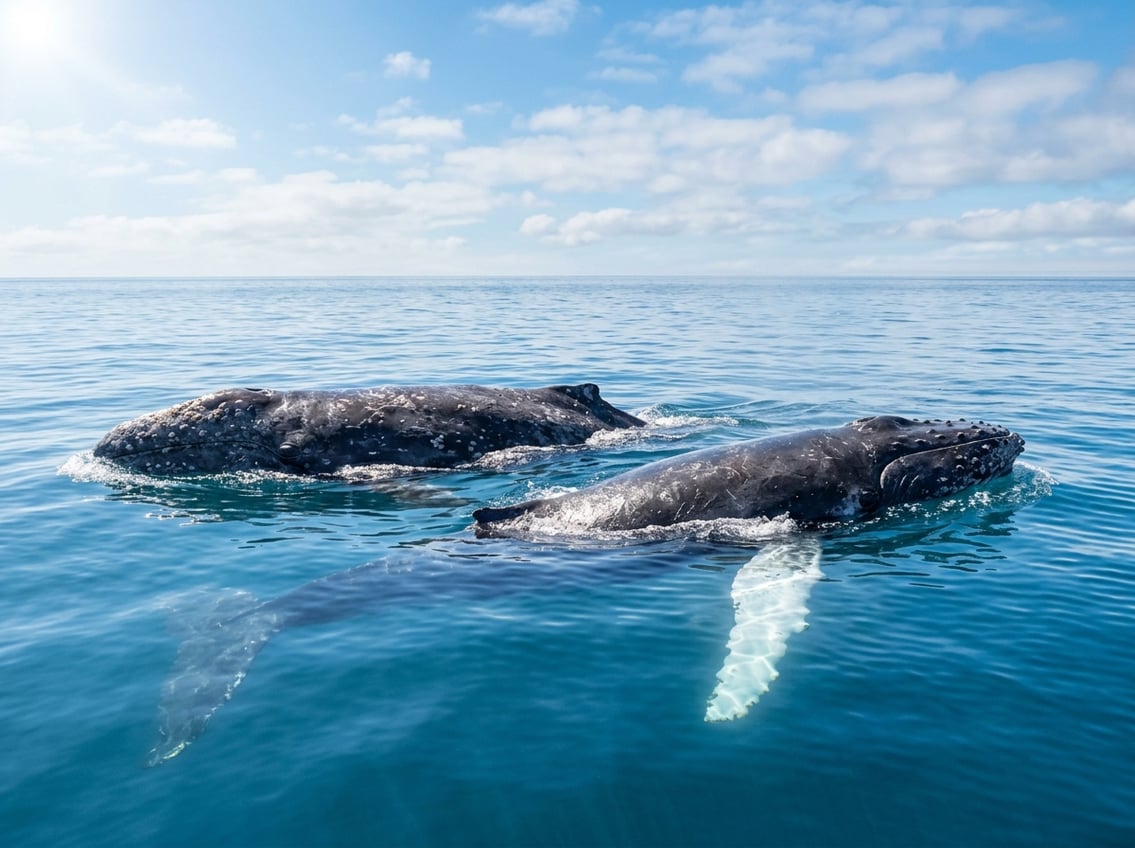 Grey Whale Vs Humpback Whale: Key Differences 7 A grey whale and a humpback whale swimming side by side in clear blue ocean water under a bright sky.