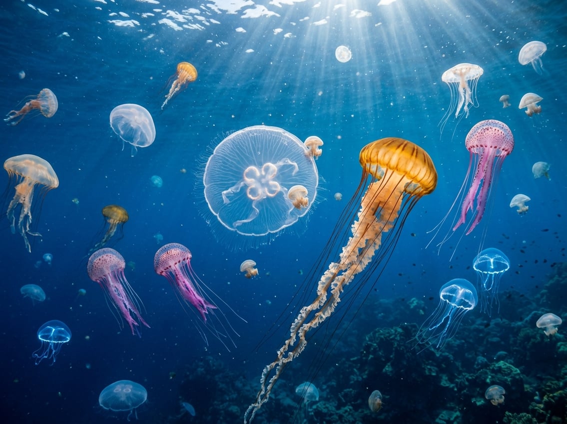 Several different types of jellyfish floating underwater in a deep blue ocean.