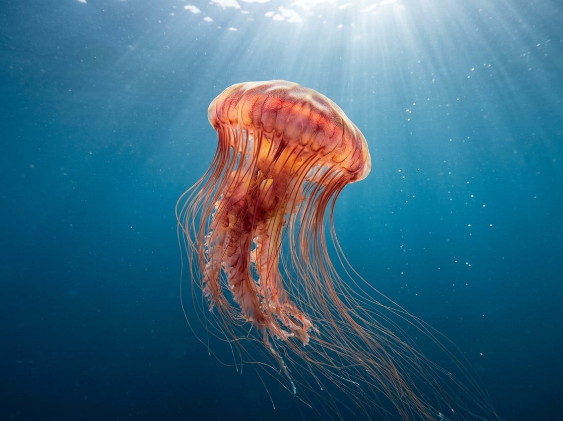 Types Of Jellyfish: 10 Beautiful Ocean Species 1 A Lion's Mane Jellyfish floating underwater with long tentacles and a reddish-orange bell.