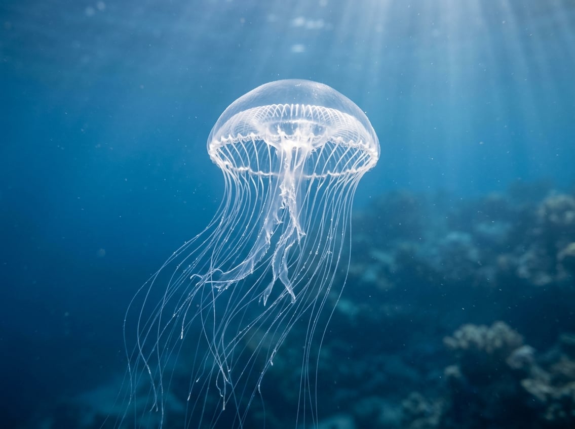 Types Of Jellyfish: 10 Beautiful Ocean Species 2 A translucent crystal jellyfish with flowing tentacles swimming underwater in a clear blue ocean.