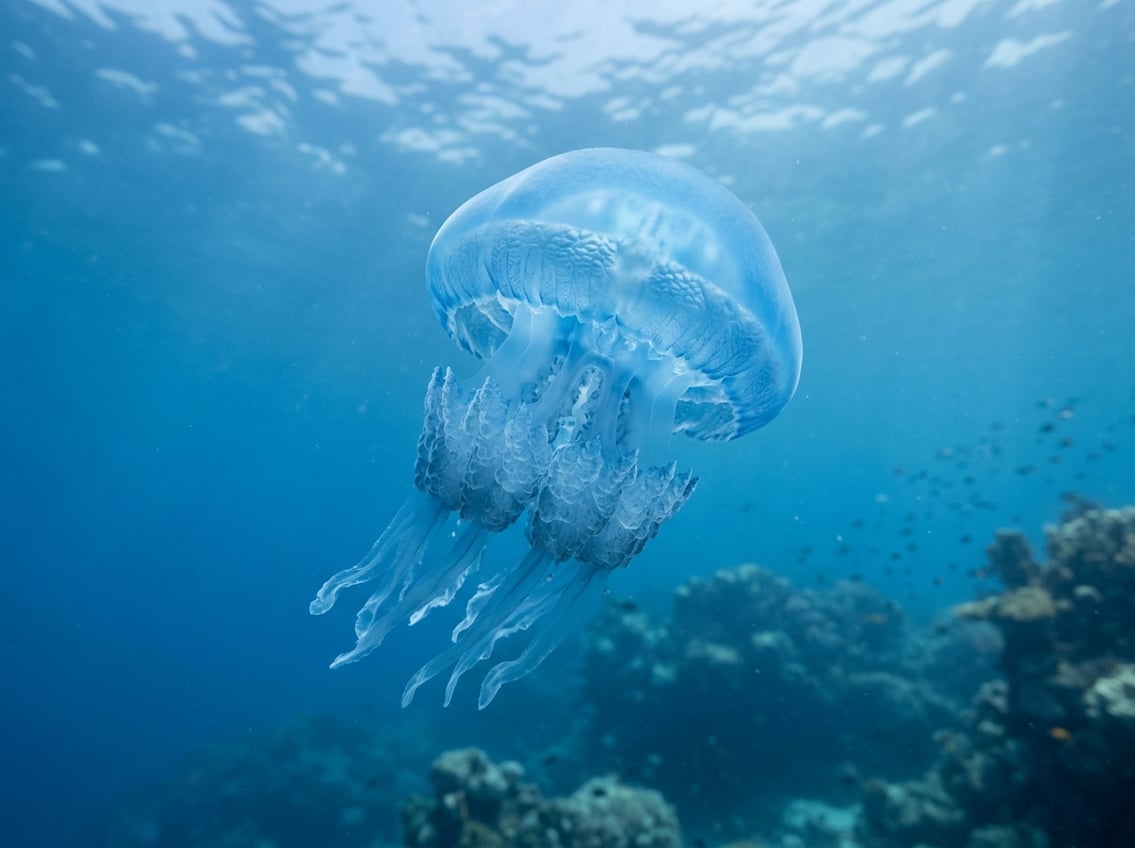 Types Of Jellyfish: 10 Beautiful Ocean Species 3 A Blue Blubber Jellyfish floating underwater with translucent blue bell and flowing tentacles.