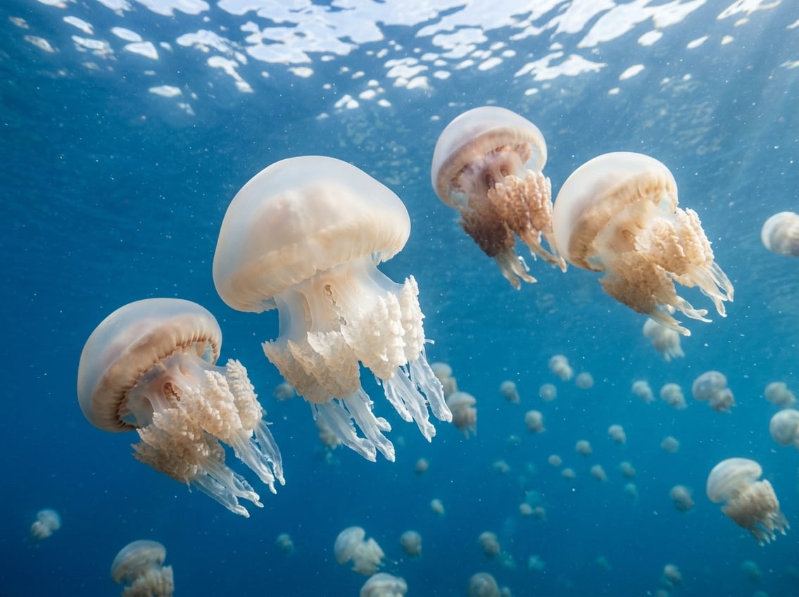 Types Of Jellyfish: 10 Beautiful Ocean Species 4 Several cannonball jellyfish floating underwater in clear blue ocean water with sunlight filtering through.