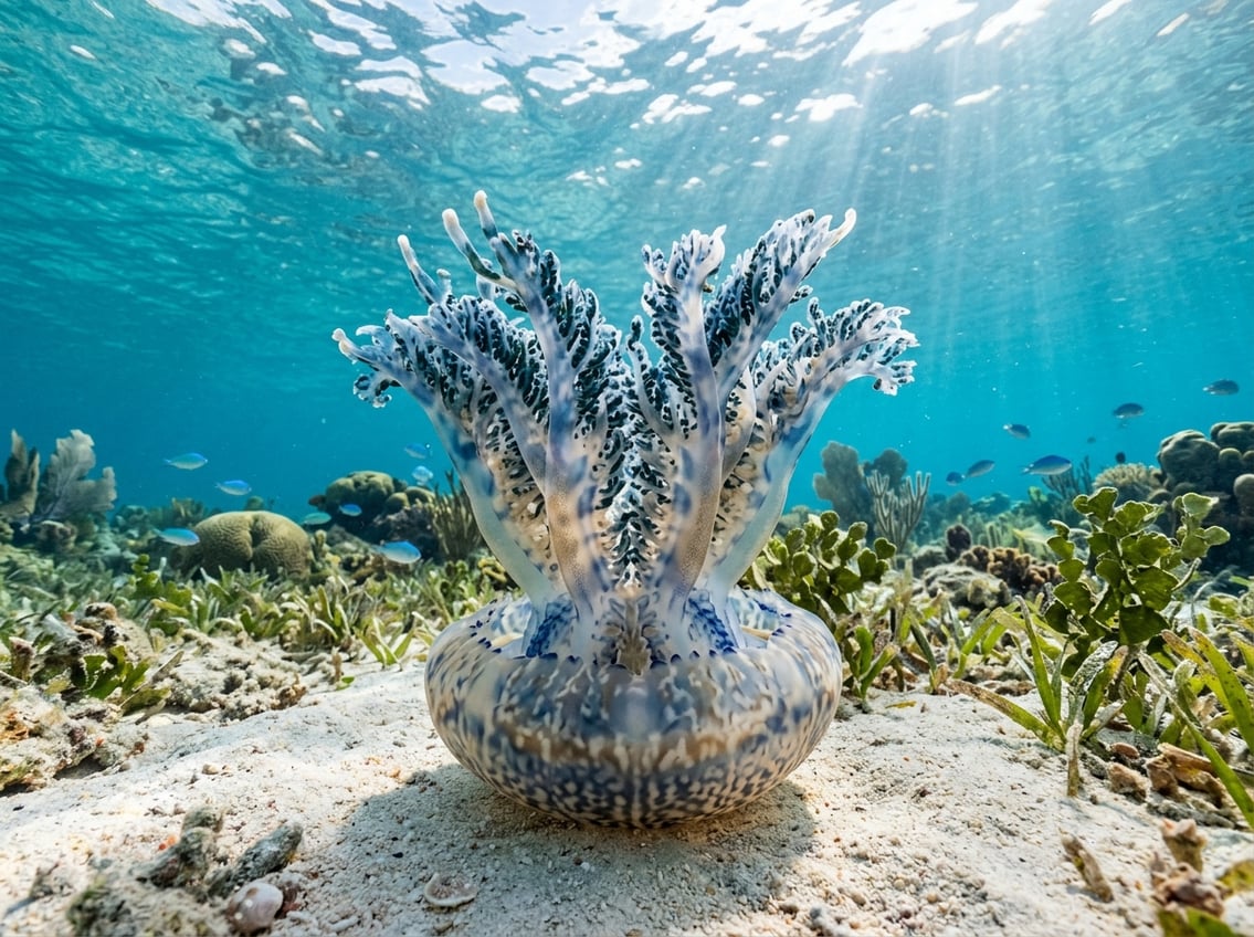 Types Of Jellyfish: 10 Beautiful Ocean Species 5 An Upside-Down Jellyfish resting on the ocean floor with its tentacles spread above it in a clear underwater setting.