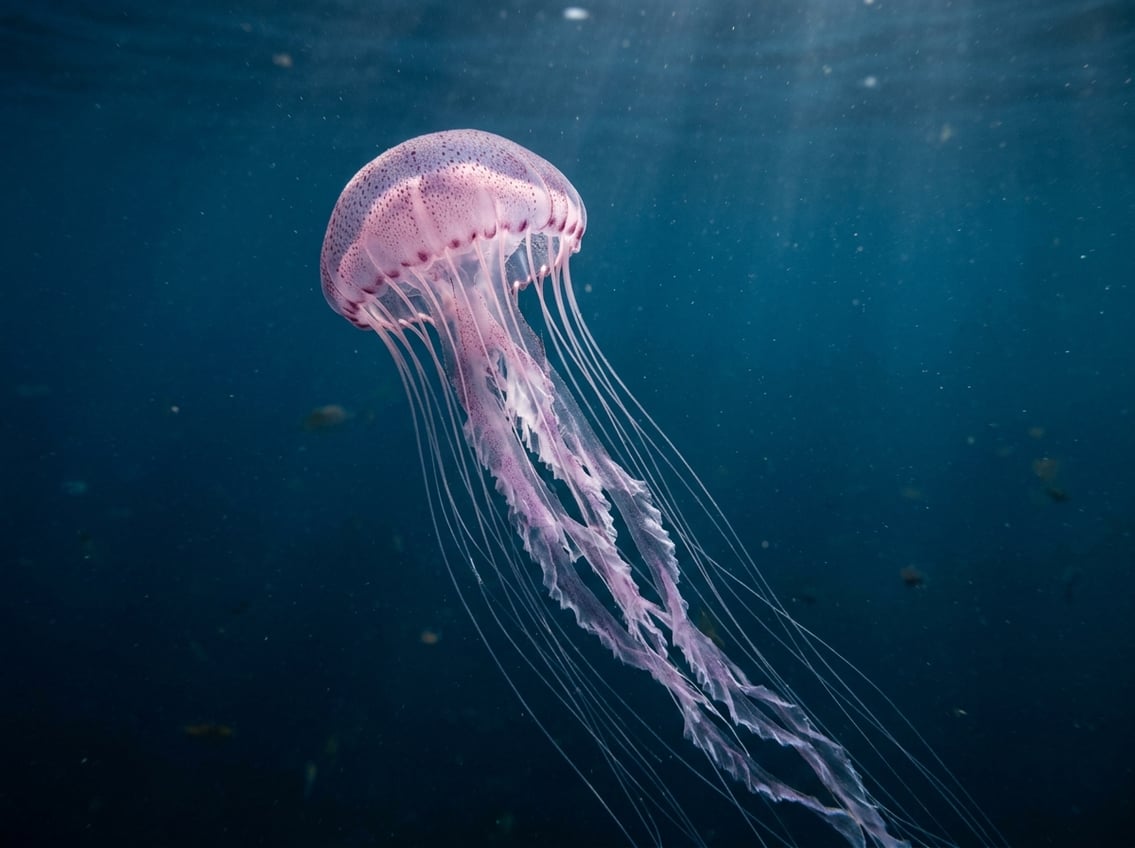 Types Of Jellyfish: 10 Beautiful Ocean Species 6 A close-up view of a mauve-colored jellyfish with flowing tentacles underwater.