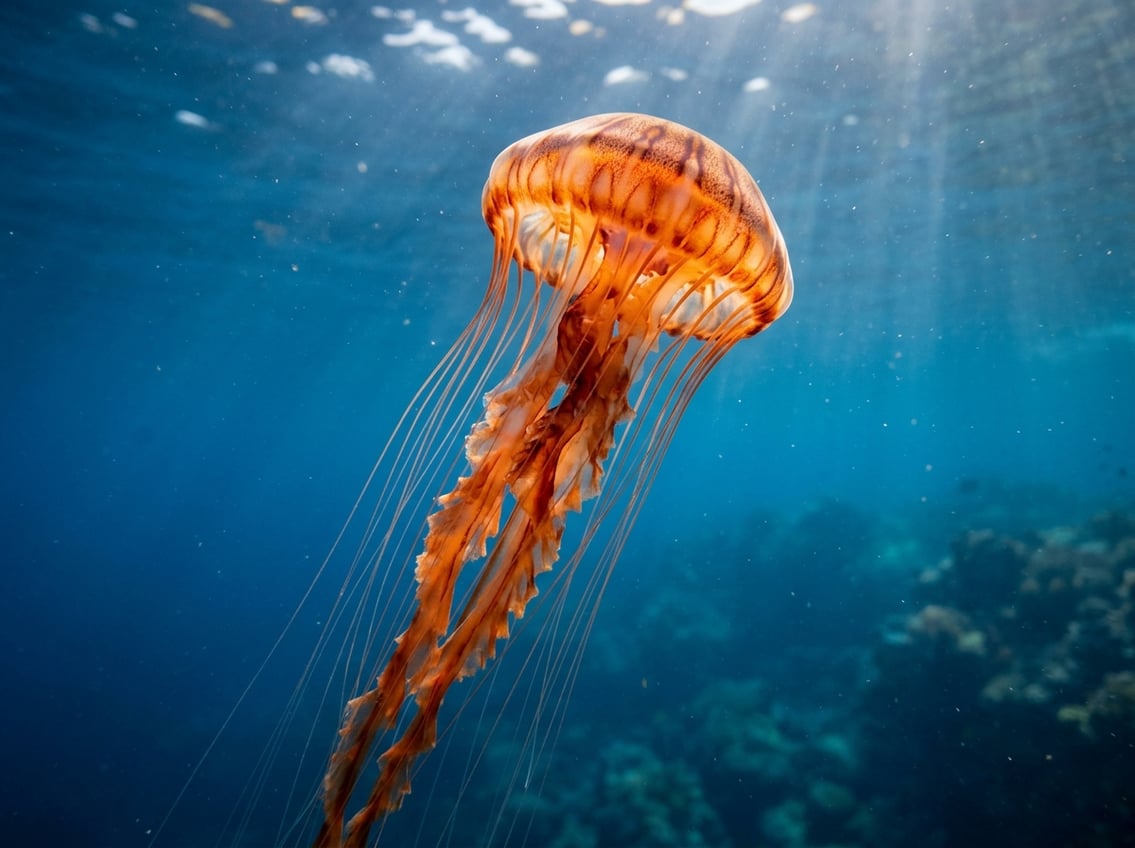 Types Of Jellyfish: 10 Beautiful Ocean Species 7 A Pacific Sea Nettle jellyfish with orange and red colors swimming underwater with long tentacles.