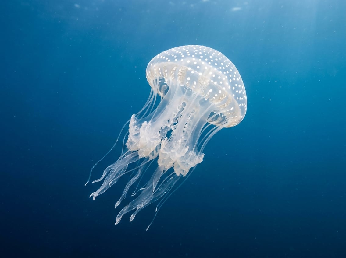 Types Of Jellyfish: 10 Beautiful Ocean Species 8 A white-spotted jellyfish floating underwater with translucent bell and white spots against a blue ocean background.