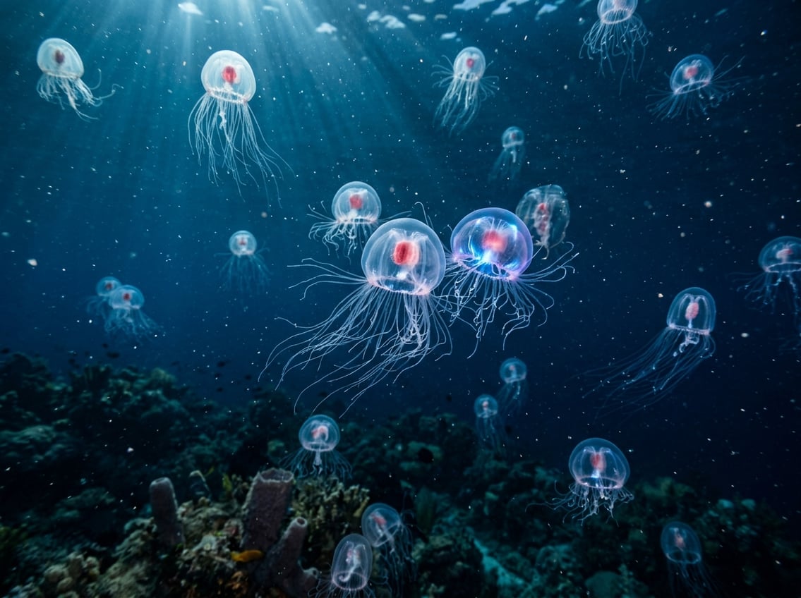 Types Of Jellyfish: 10 Beautiful Ocean Species 9 Several translucent immortal jellyfish floating underwater with glowing blue and purple hues against a deep blue ocean background.