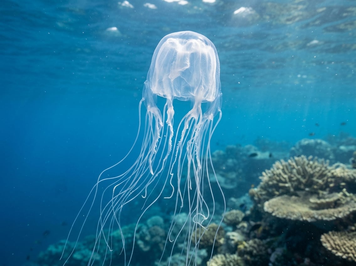 Types Of Jellyfish: 10 Beautiful Ocean Species 10 Close-up underwater image of a translucent Australian Box Jellyfish with long tentacles floating in clear blue ocean water.