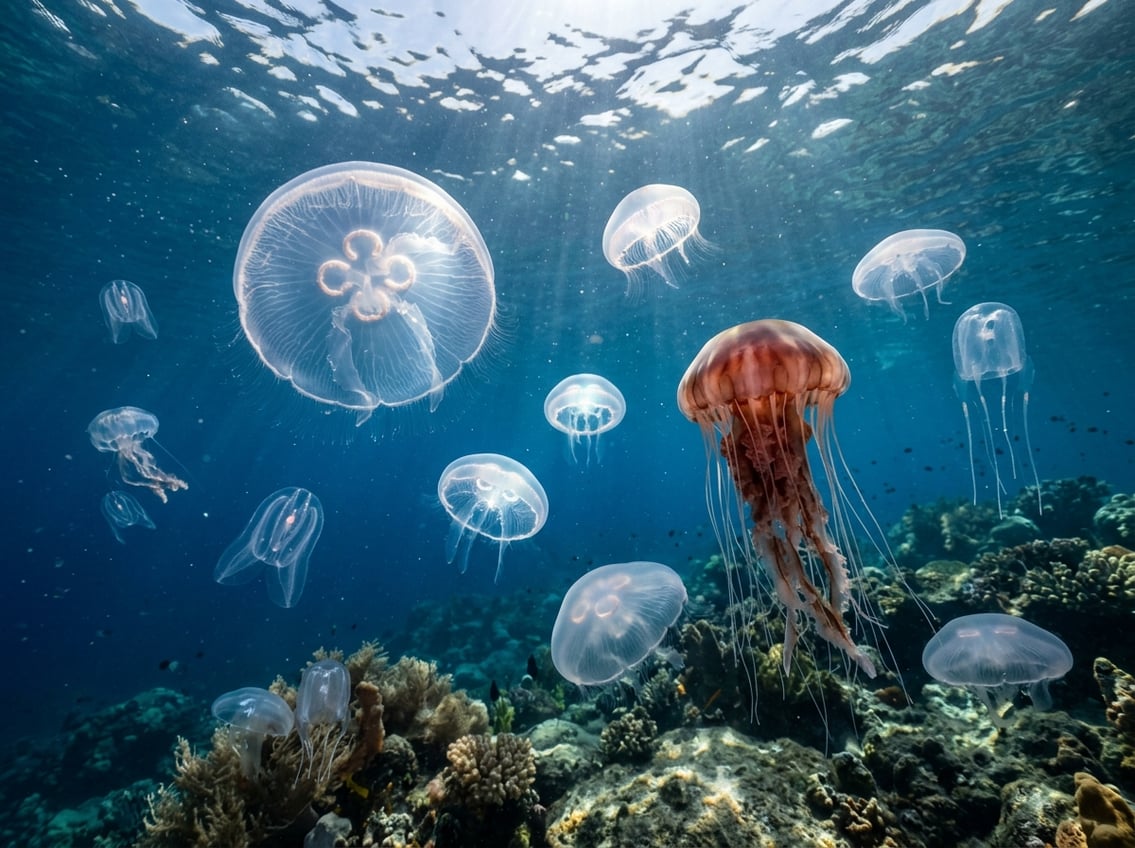 Types Of Jellyfish: 10 Beautiful Ocean Species 12 Various types of jellyfish floating underwater in clear blue ocean water with sunlight filtering through.