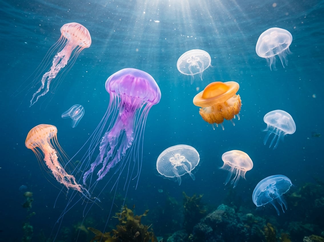 Types Of Jellyfish: 10 Beautiful Ocean Species 13 Various jellyfish species floating underwater in clear blue ocean water.