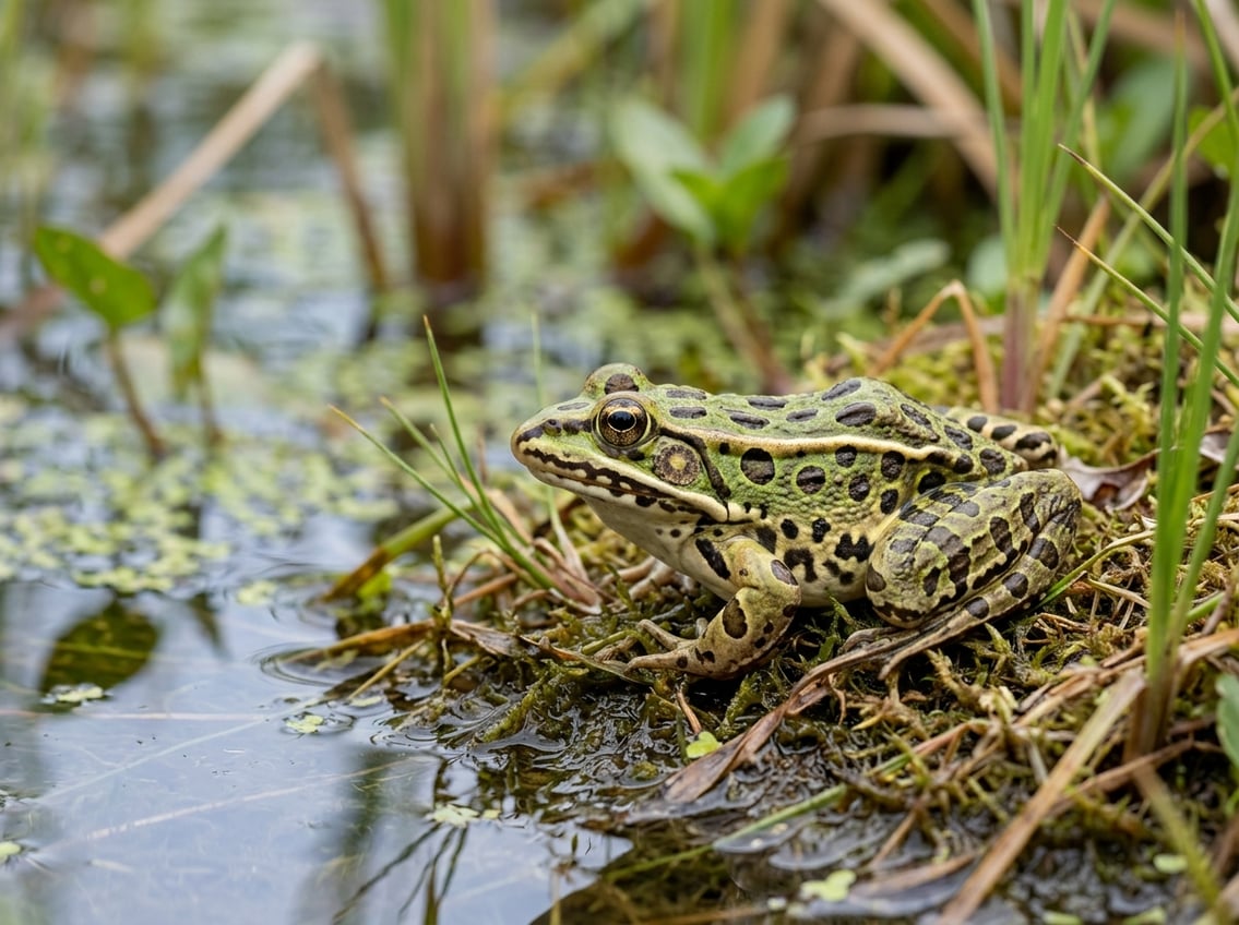 20 Animals That Start With N: Facts, Habitats, And Status 1 A Northern Leopard Frog resting beside shallow water in a lush wetland.