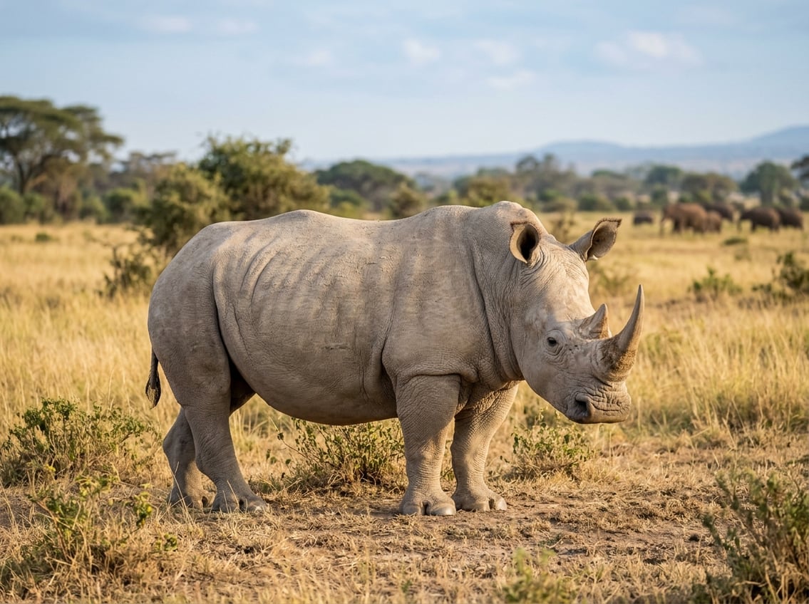 20 Animals That Start With N: Facts, Habitats, And Status 2 A Northern White Rhinoceros standing in a grassy African savanna.