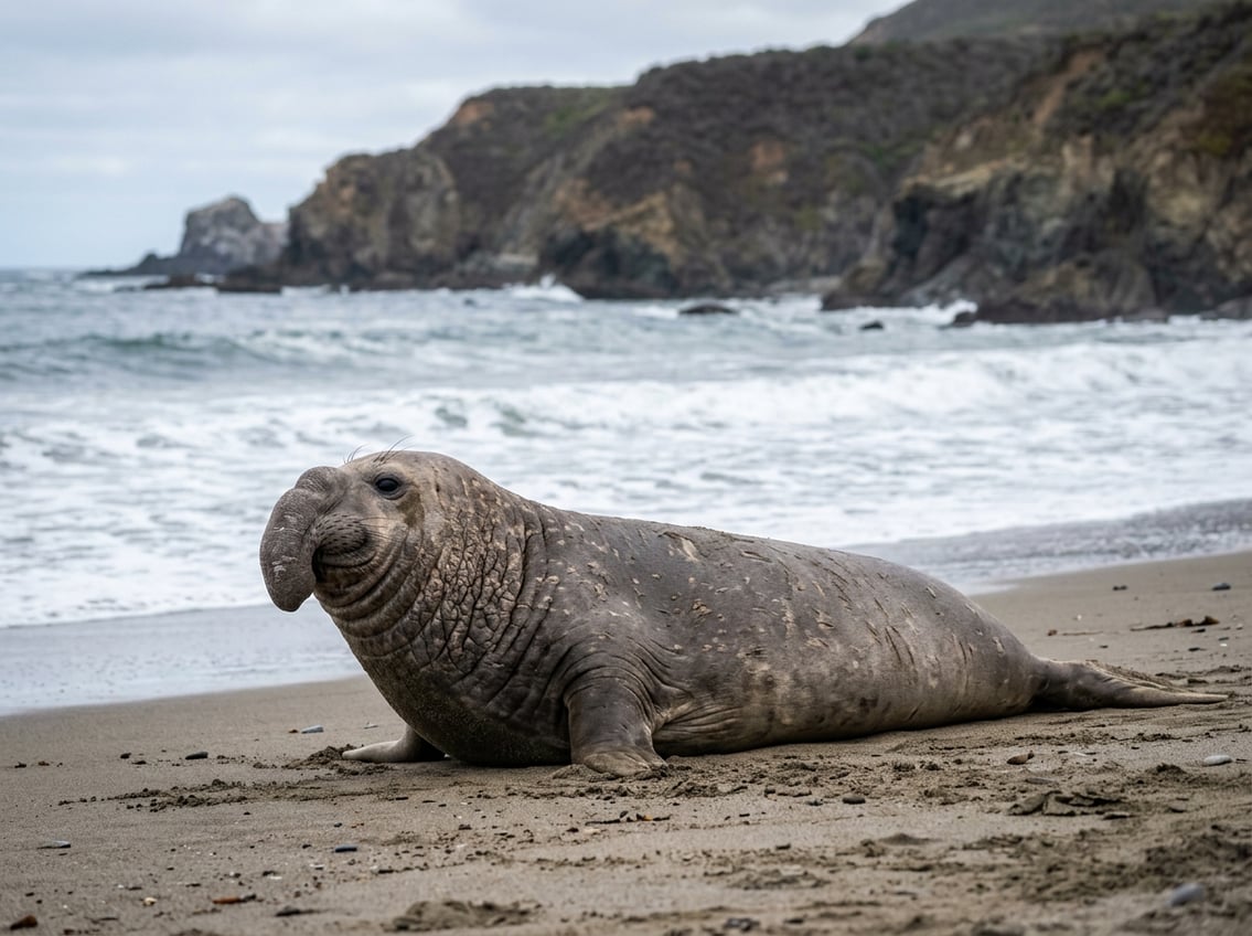 20 Animals That Start With N: Facts, Habitats, And Status 4 A northern elephant seal rests on a sandy beach beside the ocean.