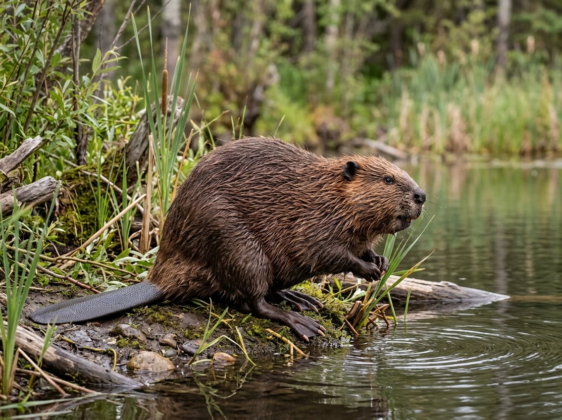 20 Animals That Start With N: Facts, Habitats, And Status 5 A North American beaver rests beside a calm pond surrounded by reeds and woodland.
