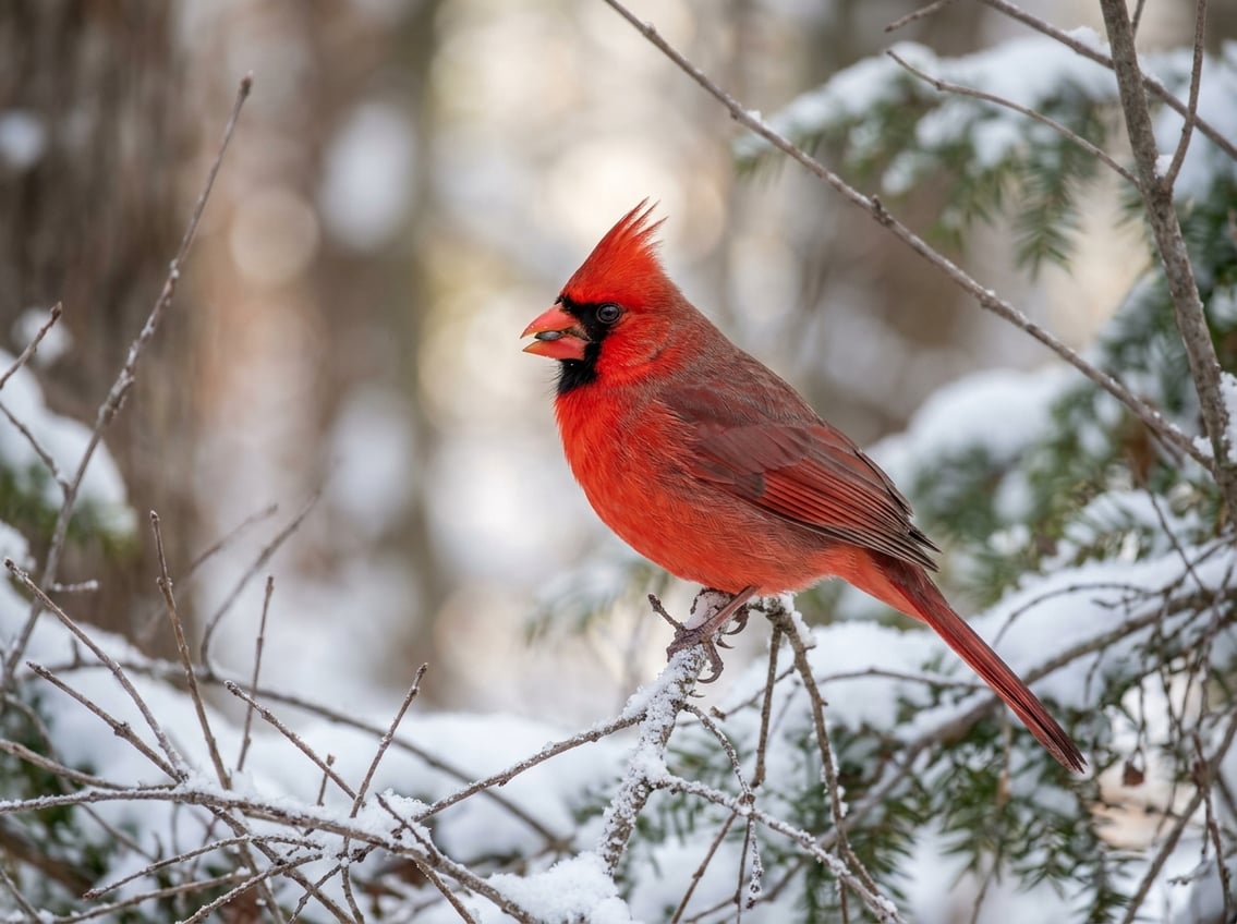 20 Animals That Start With N: Facts, Habitats, And Status 6 A bright red Northern Cardinal perched on a snow-dusted branch in a quiet woodland.