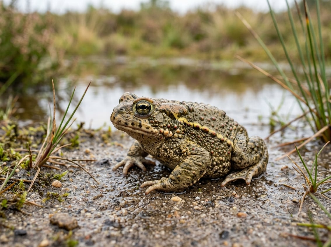 20 Animals That Start With N: Facts, Habitats, And Status 7 A natterjack toad rests on damp sandy ground beside a shallow pond.