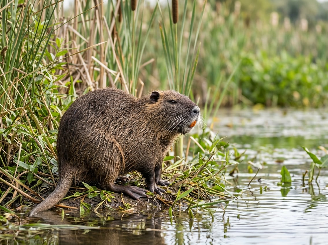 20 Animals That Start With N: Facts, Habitats, And Status 8 A nutria standing beside reeds at the edge of a freshwater wetland.