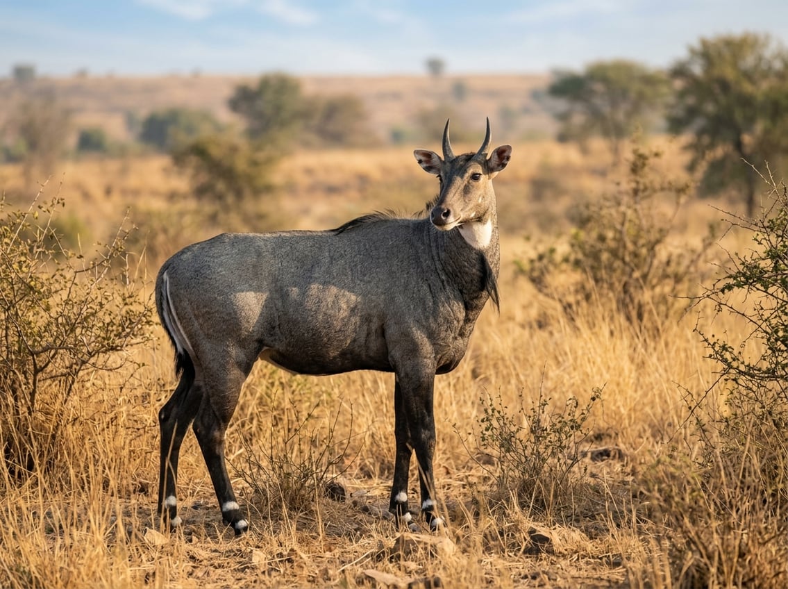 20 Animals That Start With N: Facts, Habitats, And Status 10 A Nilgai stands alert in dry golden grassland surrounded by sparse shrubs.