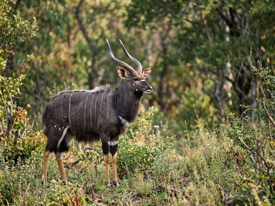 20 Animals That Start With N: Facts, Habitats, And Status 11 A striped male nyala antelope standing in a green woodland clearing.