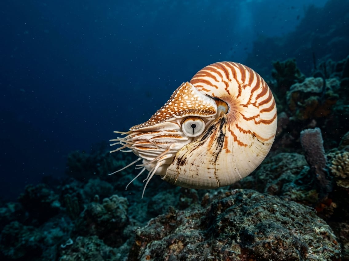20 Animals That Start With N: Facts, Habitats, And Status 15 A chambered nautilus with a striped spiral shell swimming through deep blue ocean water.