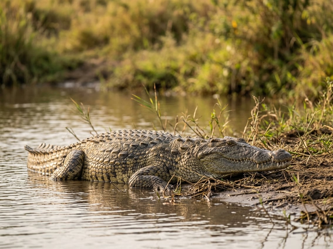 20 Animals That Start With N: Facts, Habitats, And Status 17 A Nile crocodile rests partially submerged near the edge of an African river.