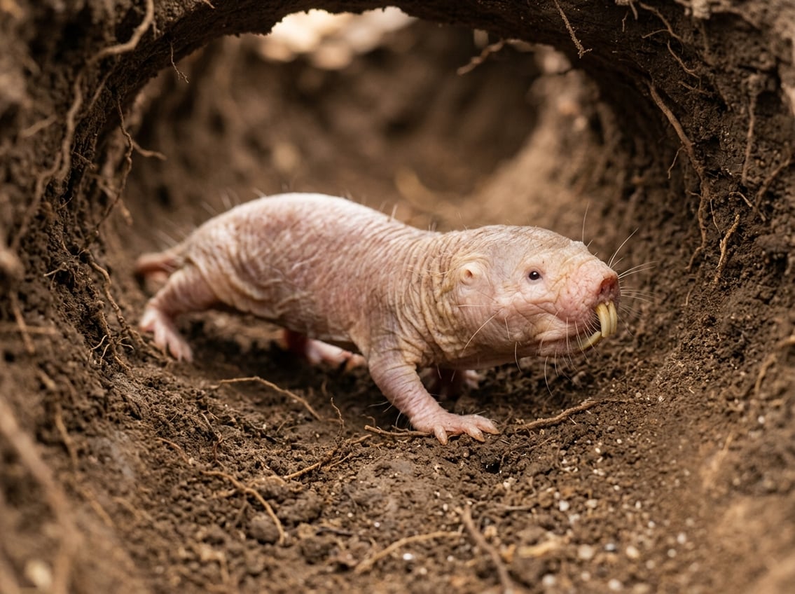 20 Animals That Start With N: Facts, Habitats, And Status 18 A naked mole-rat in a softly lit underground burrow.