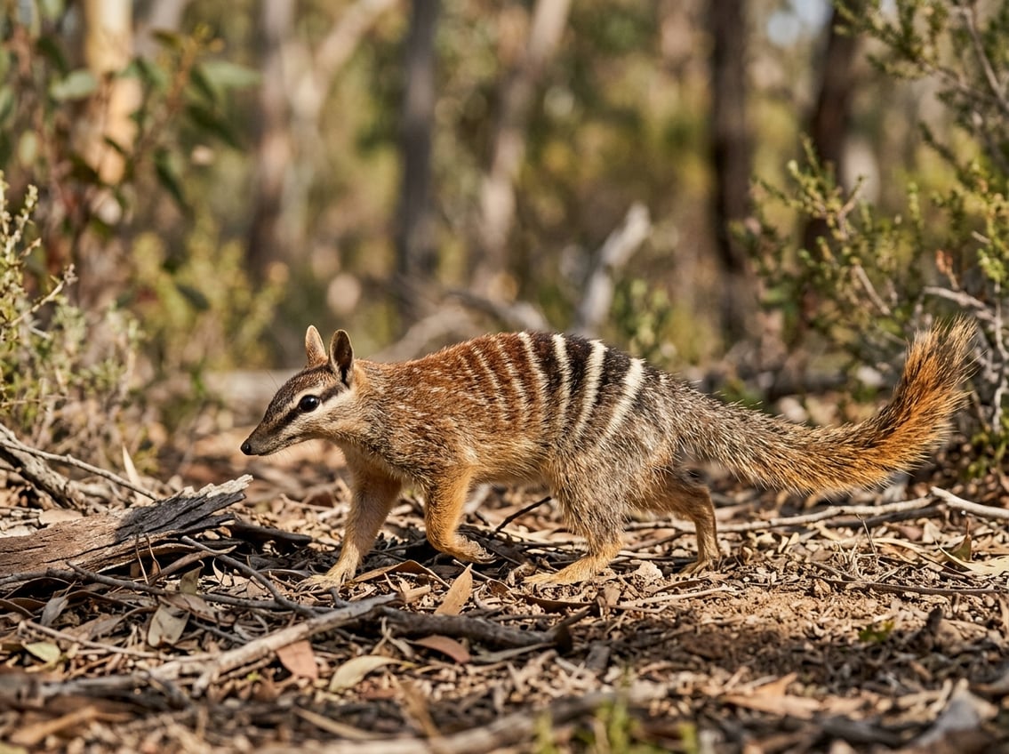20 Animals That Start With N: Facts, Habitats, And Status 19 A striped numbat forages on the leaf-covered ground in a dry woodland.