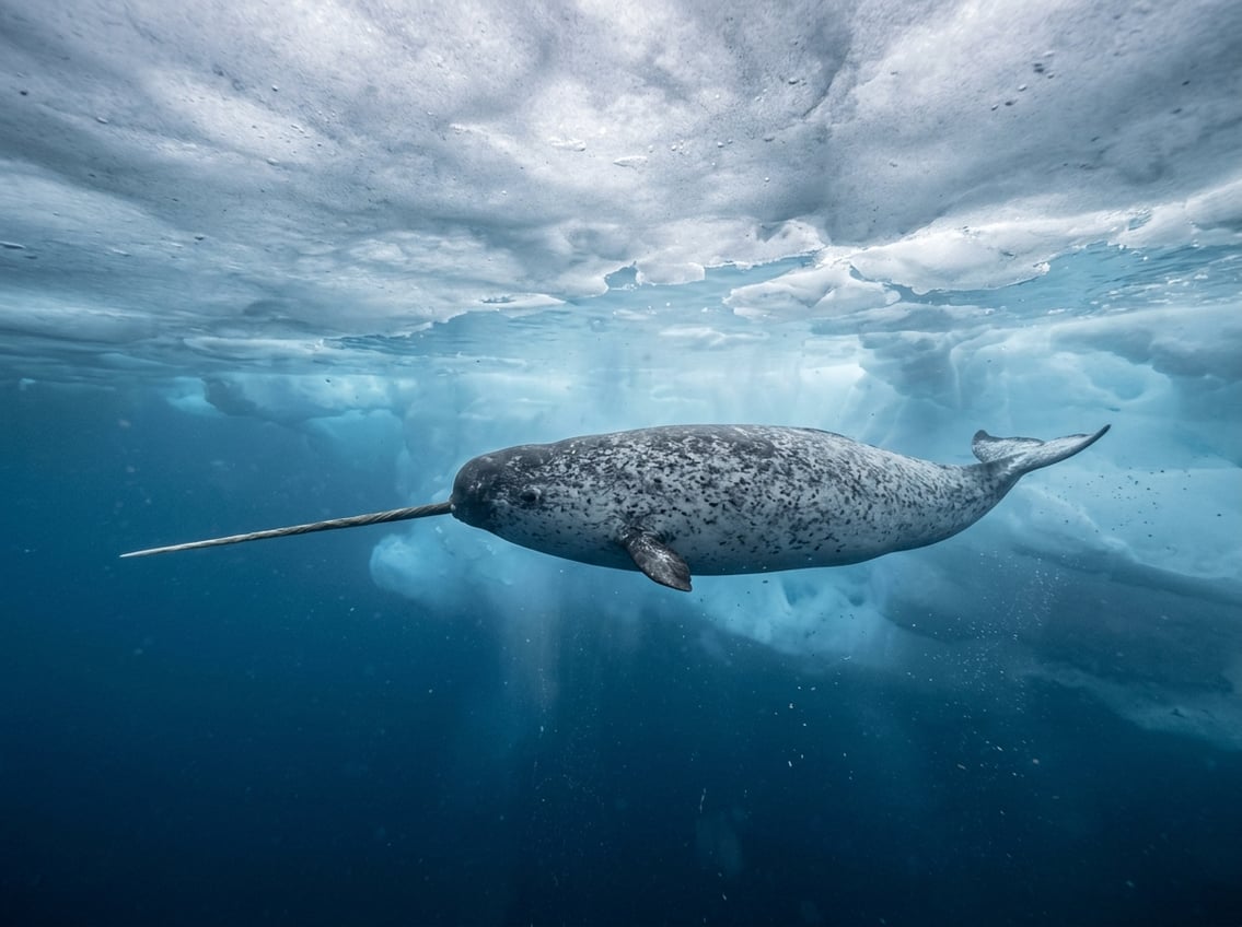 20 Animals That Start With N: Facts, Habitats, And Status 20 A narwhal with a long tusk swims beneath Arctic sea ice.