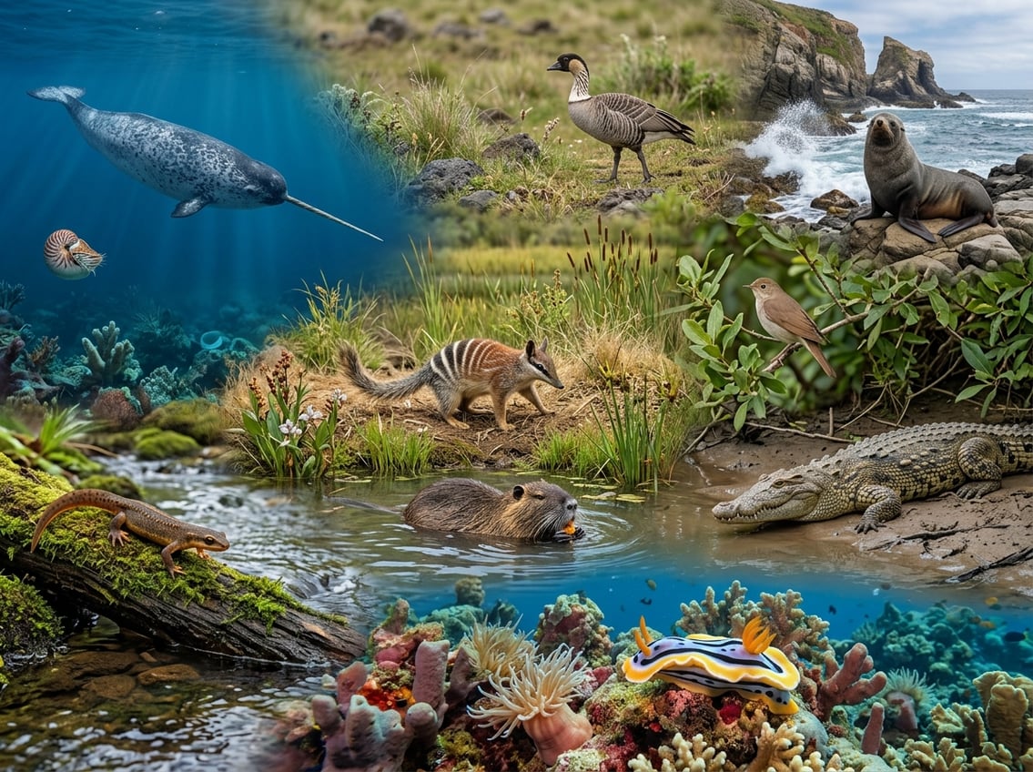 20 Animals That Start With N: Facts, Habitats, And Status 22 A diverse group of wild animals shown across ocean, wetland, forest, grassland, and coastal habitats.