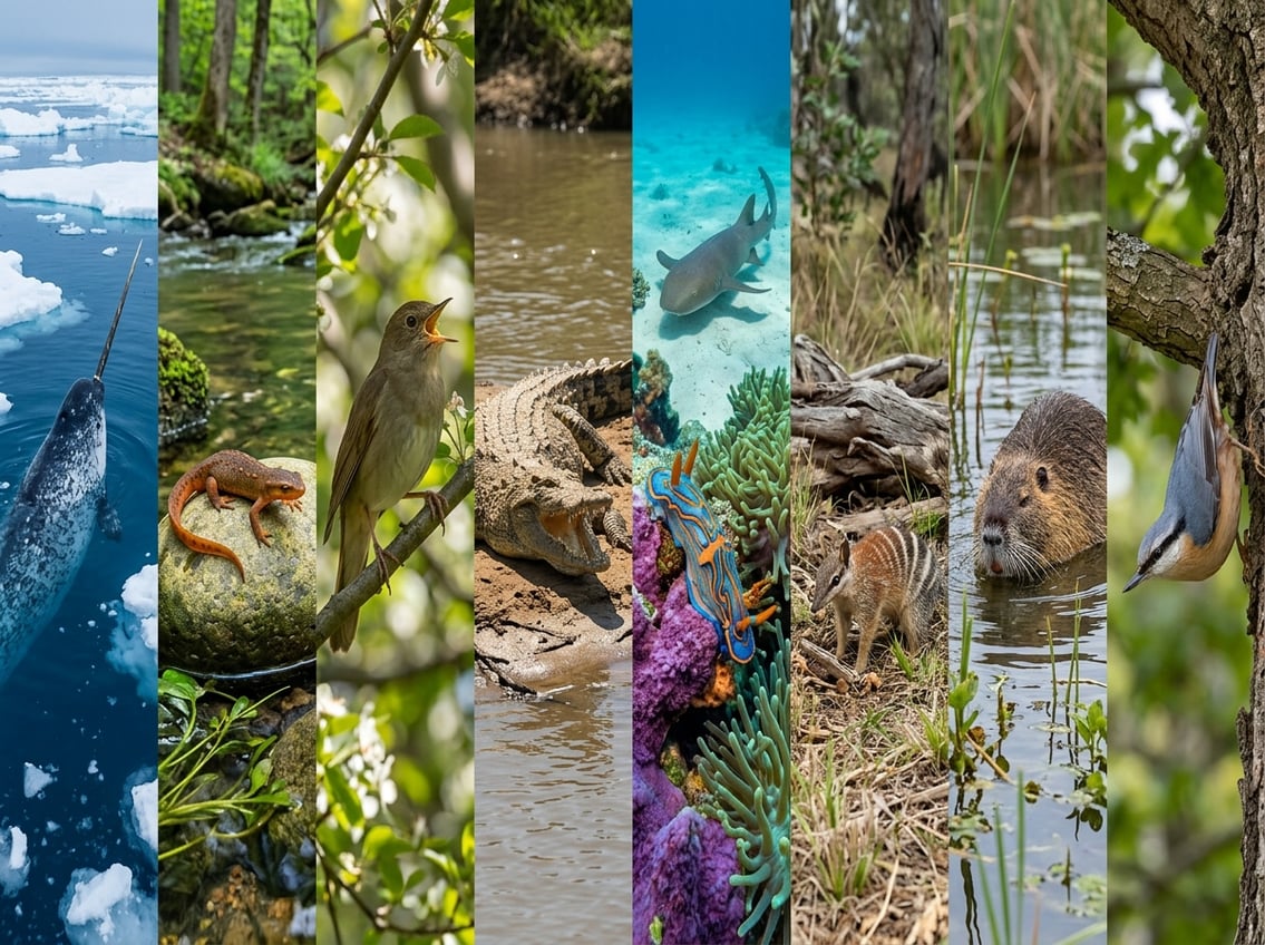 20 Animals That Start With N: Facts, Habitats, And Status 23 A realistic wildlife scene showing several animals, including a narwhal, crocodile, birds, small mammals, and colorful aquatic creatures in their natural habitats.