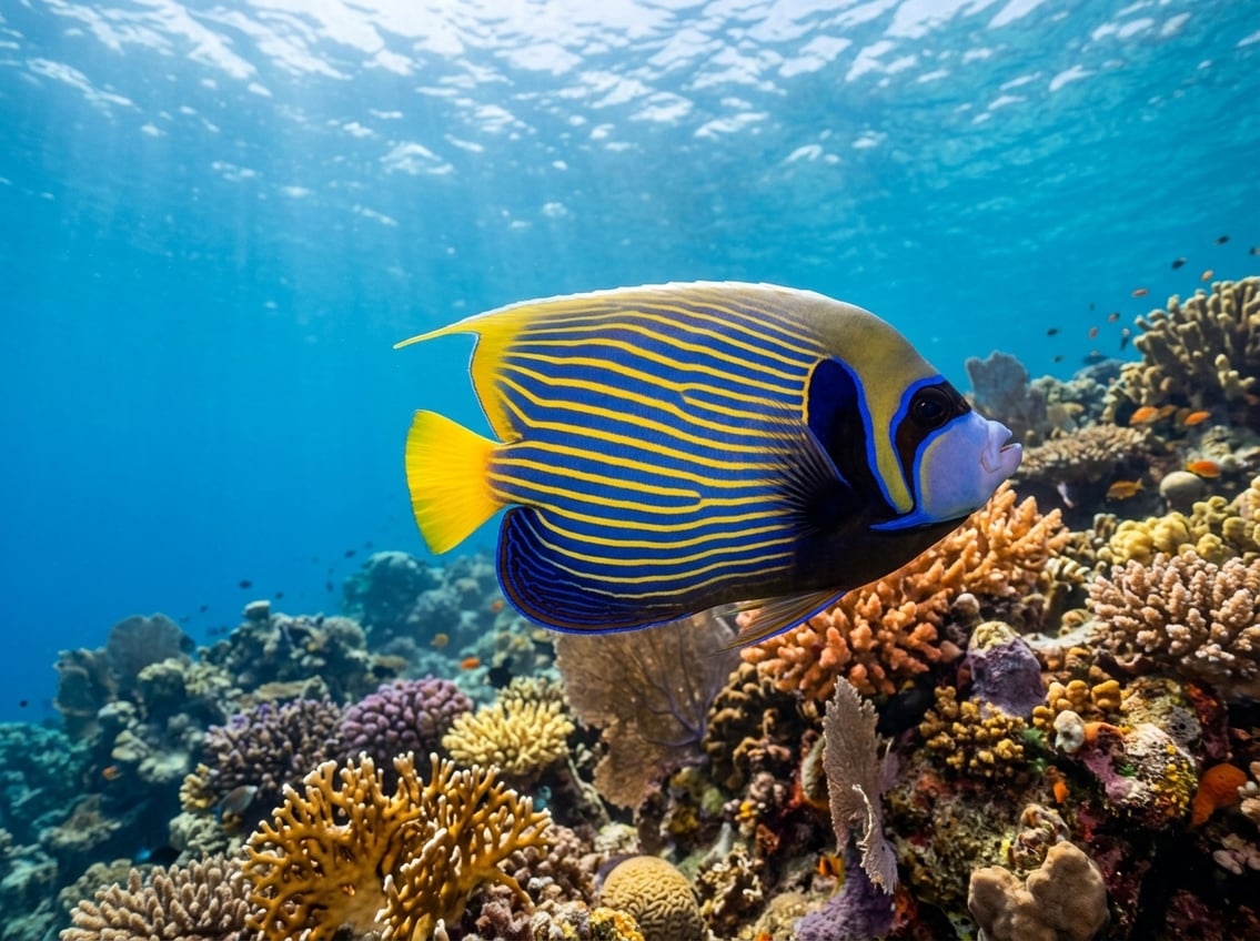 20 Animals That Start With E: Habitats And Status 2 An emperor angelfish swims beside a colorful tropical coral reef.