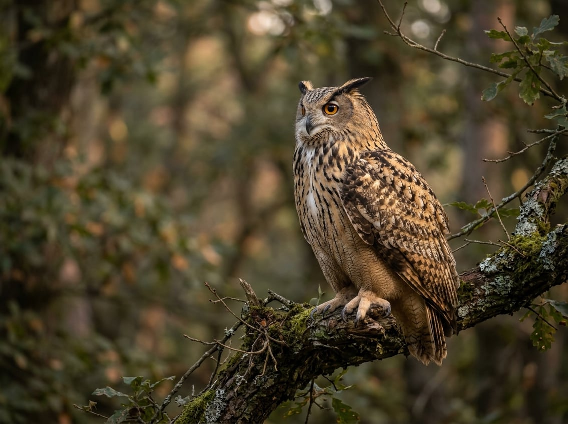 20 Animals That Start With E: Habitats And Status 5 A Eurasian eagle-owl perched on a moss-covered branch in a softly lit woodland.