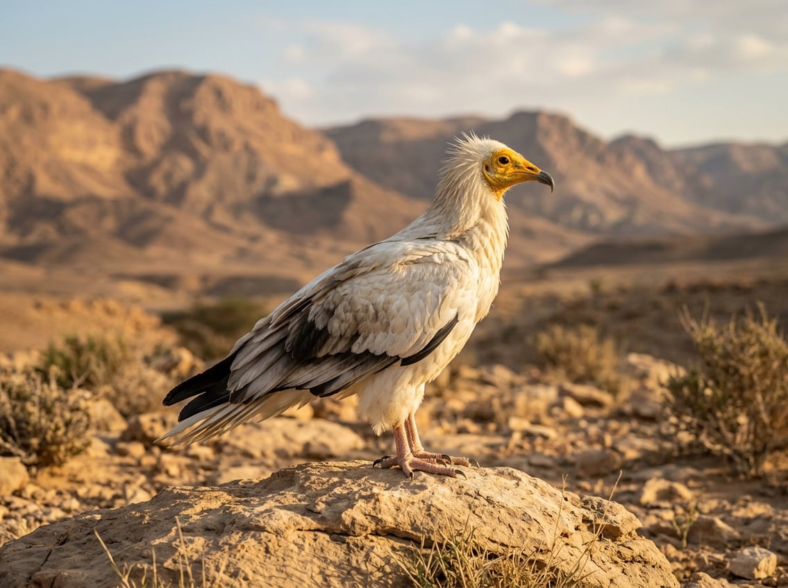 20 Animals That Start With E: Habitats And Status 6 An Egyptian vulture stands on a rocky outcrop in a dry desert landscape.